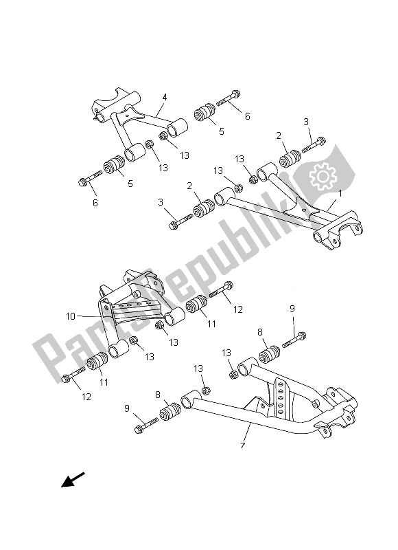 Alle onderdelen voor de Achterste Arm van de Yamaha YFM 450 FGD IRS Grizzly 4X4 2013