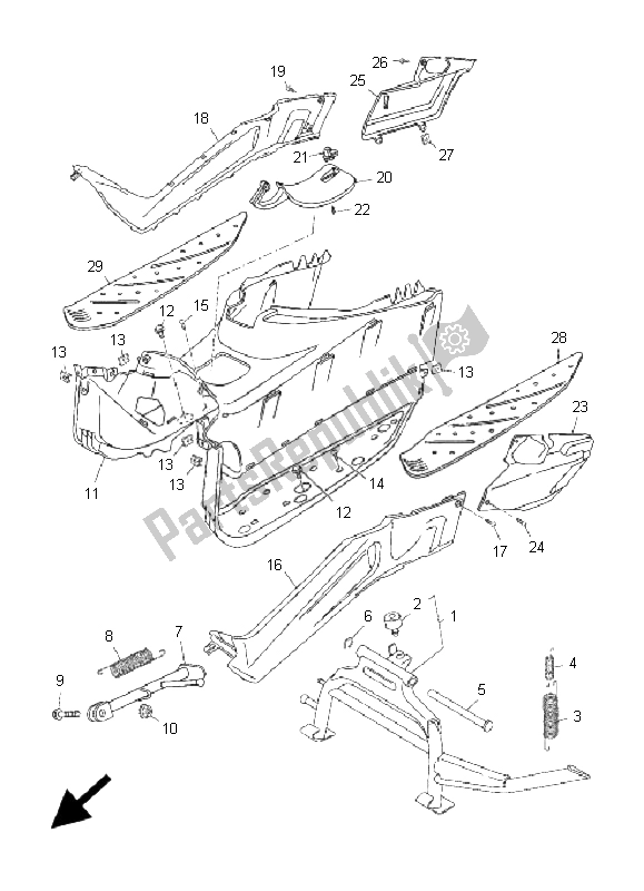 All parts for the Stand & Footrest of the Yamaha YP 250R X MAX 2008