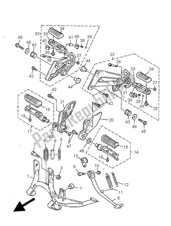 All parts for the Stand & Footrest of the Yamaha XJR 1300 SP 1999