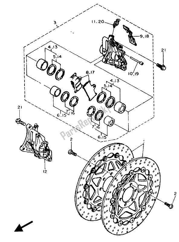 All parts for the Front Brake & Caliper of the Yamaha FZR 750 RW 1989