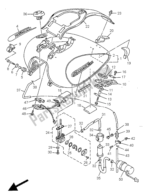 All parts for the Fuel Tank of the Yamaha XVZ 1300A Royalstar 1998