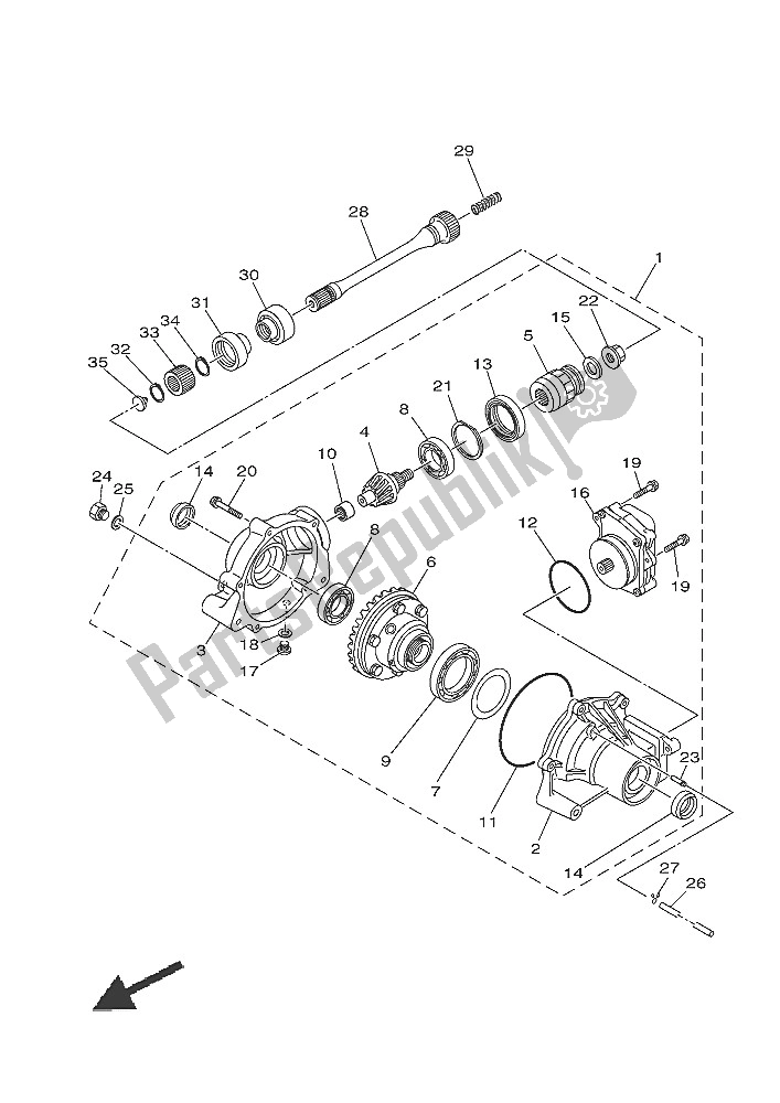 All parts for the Front Differential of the Yamaha YFM 700 FWA Grizzly 4X4 2016