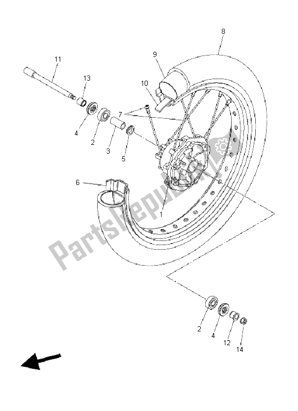 All parts for the Front Wheel of the Yamaha WR 250X 2008