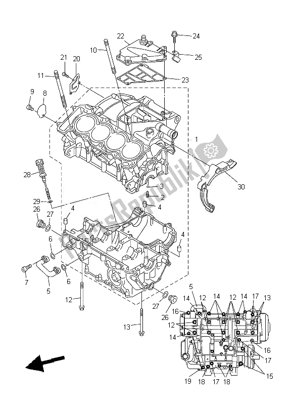 All parts for the Crankcase of the Yamaha YZF R6 600 2007