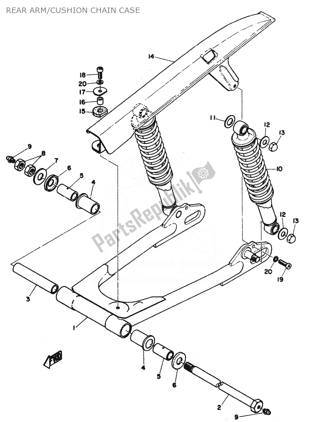 Tutte le parti per il Rear Arm/cushion Chain Case del Yamaha RD 350 1974