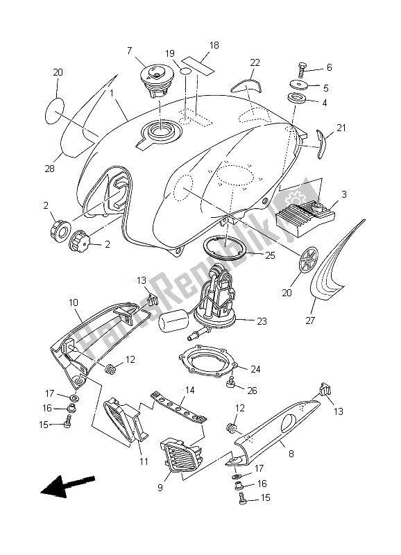 All parts for the Fuel Tank of the Yamaha YBR 125 ED 2007