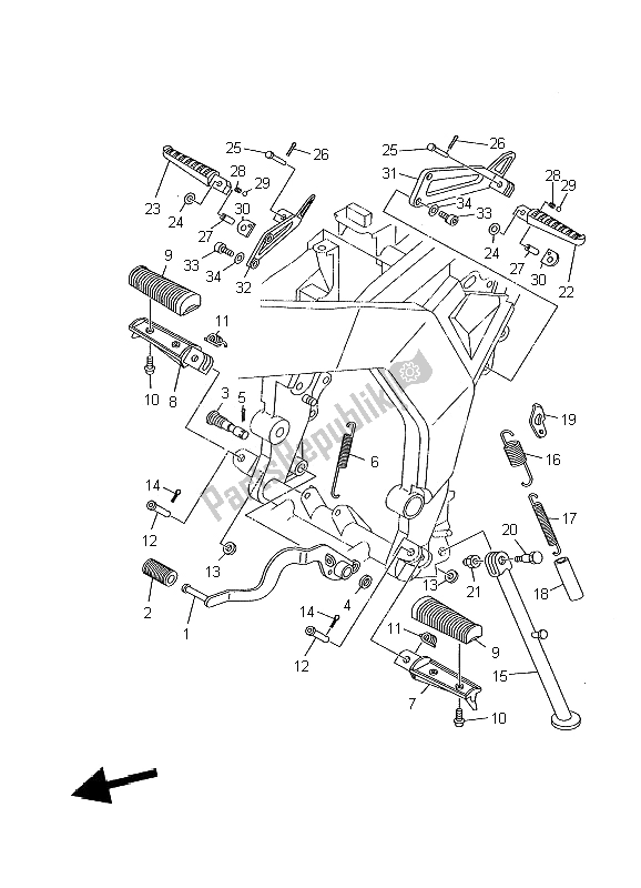 All parts for the Stand & Footrest of the Yamaha TDR 125 2002