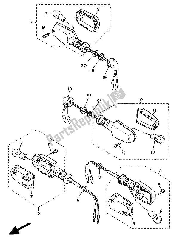 All parts for the Flasher Light of the Yamaha FZR 1000 1991