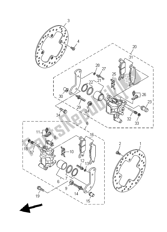 All parts for the Rear Brake Caliper of the Yamaha YFM 700F Grizzly FI EPS 4X4 2010