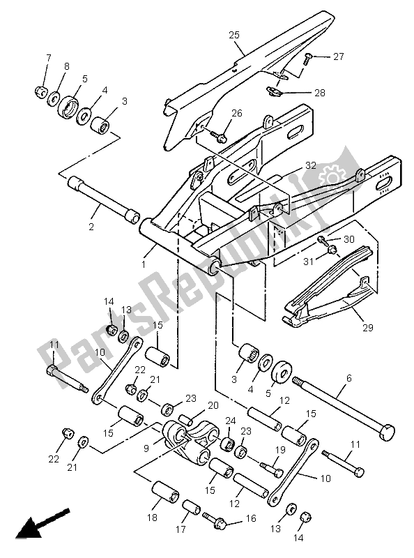 Alle onderdelen voor de Achterste Arm van de Yamaha YZF 600R Thundercat 1998