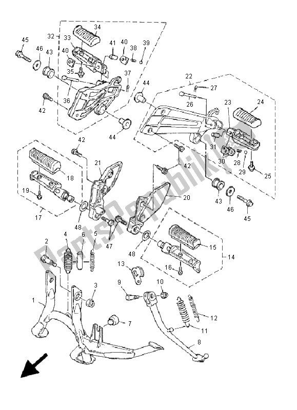 All parts for the Stand & Footrest of the Yamaha XJR 1300 SP 2001