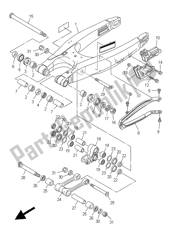 Alle onderdelen voor de Achterste Arm van de Yamaha YZ 450F 2014