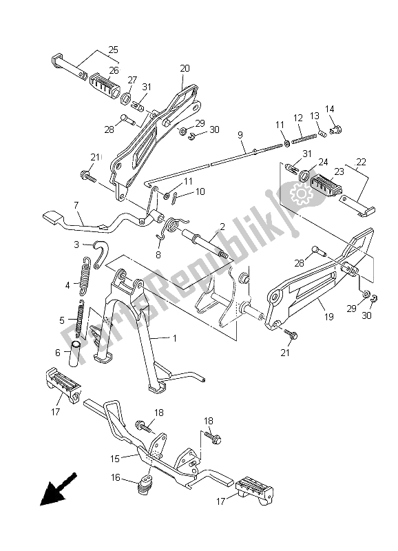 All parts for the Stand & Footrest of the Yamaha YBR 125 ED 2005