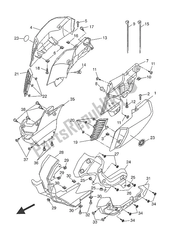 All parts for the Cowling 1 of the Yamaha MT 125A 2016