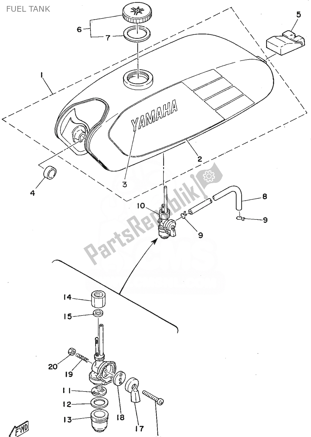 All parts for the Fuel Tank of the Yamaha FS1 1979