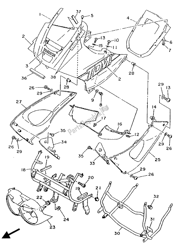 All parts for the Cowling 1 of the Yamaha TDM 850 1992