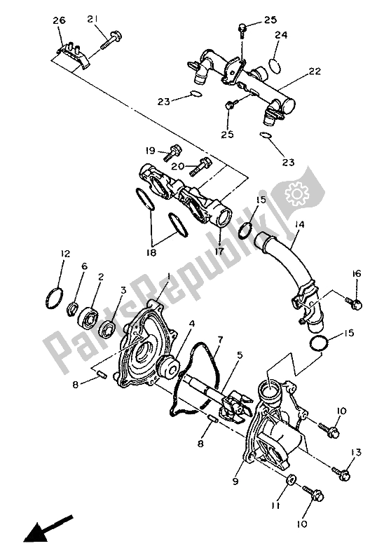 All parts for the Waterpump of the Yamaha FZR 1000 1991