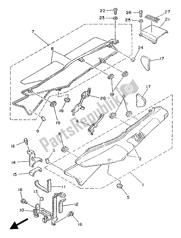 All parts for the Side Cover & Oil Tank of the Yamaha TZR 250 1989