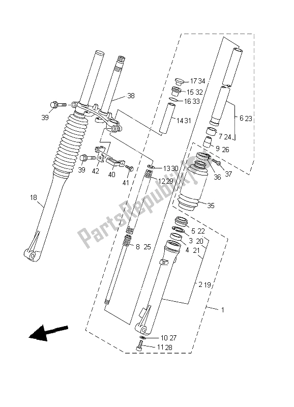 All parts for the Front Fork (small Wheel) of the Yamaha TT R 125 SW LW 2002