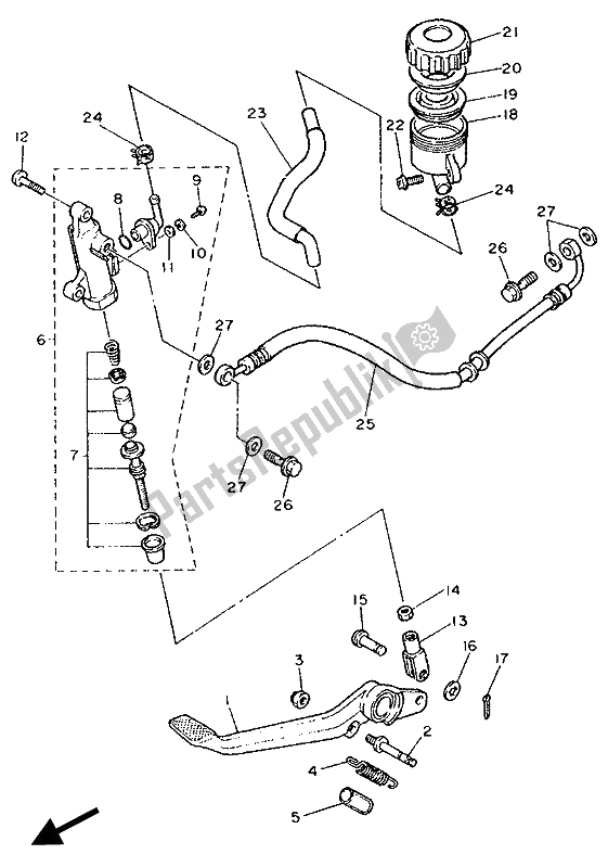 All parts for the Rear Master Cylinder of the Yamaha FZR 1000 1990