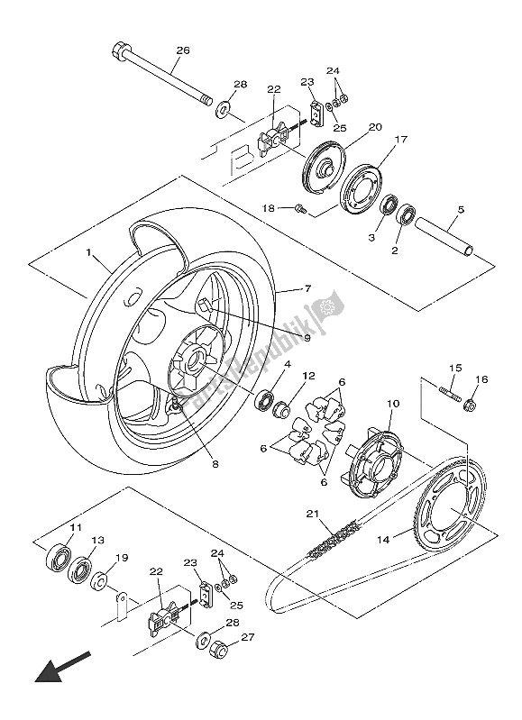 Alle onderdelen voor de Achterwiel van de Yamaha XJ6 NA 600 2016