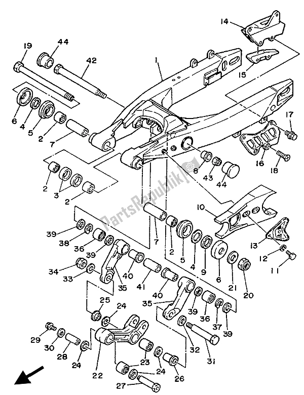 All parts for the Rear Arm of the Yamaha YZ 250 1989