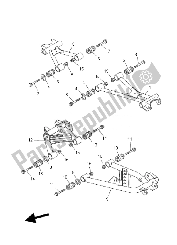 All parts for the Rear Arm of the Yamaha YFM 350F Grizzly 2X4 2007