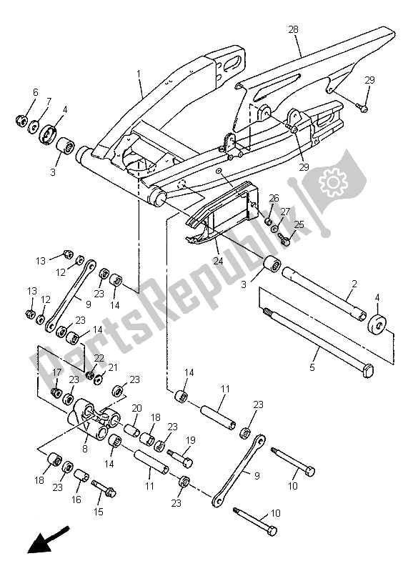 Alle onderdelen voor de Achterste Arm van de Yamaha YZF 1000R Thunderace 1997