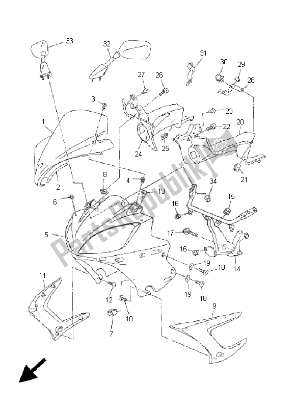 All parts for the Cowling 1 of the Yamaha FZ6 S 600 2005