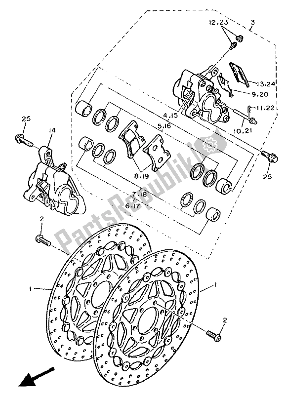 All parts for the Front Brake Caliper of the Yamaha FZR 1000 1991