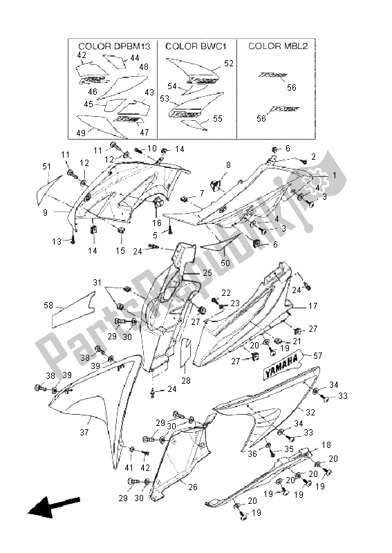 All parts for the Cowling 1 of the Yamaha YZF R 125 2011