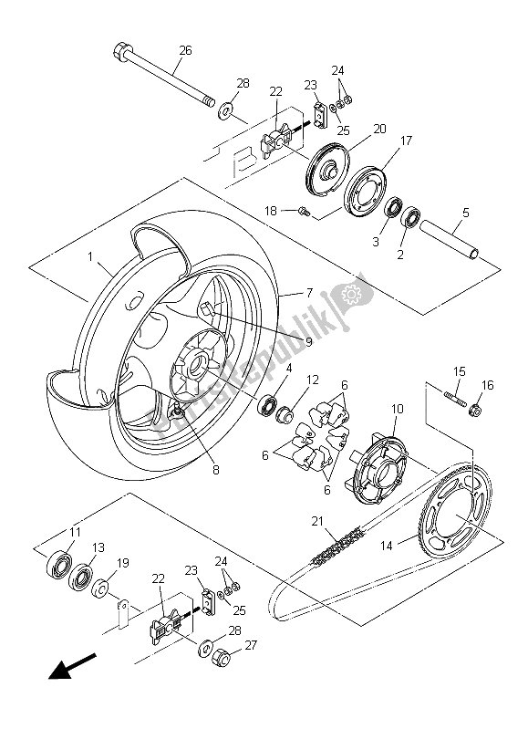 Alle onderdelen voor de Achterwiel van de Yamaha XJ6 NA 600 2015