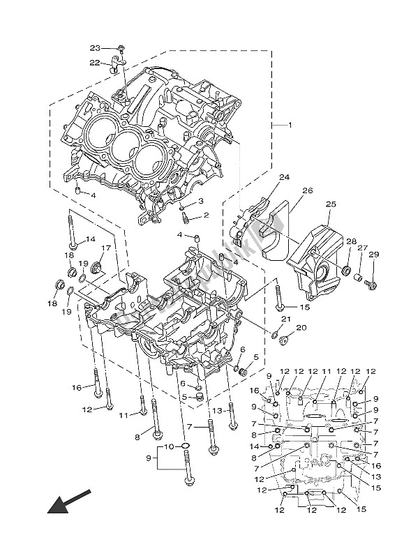 All parts for the Crankcase of the Yamaha MT 09 900 2016