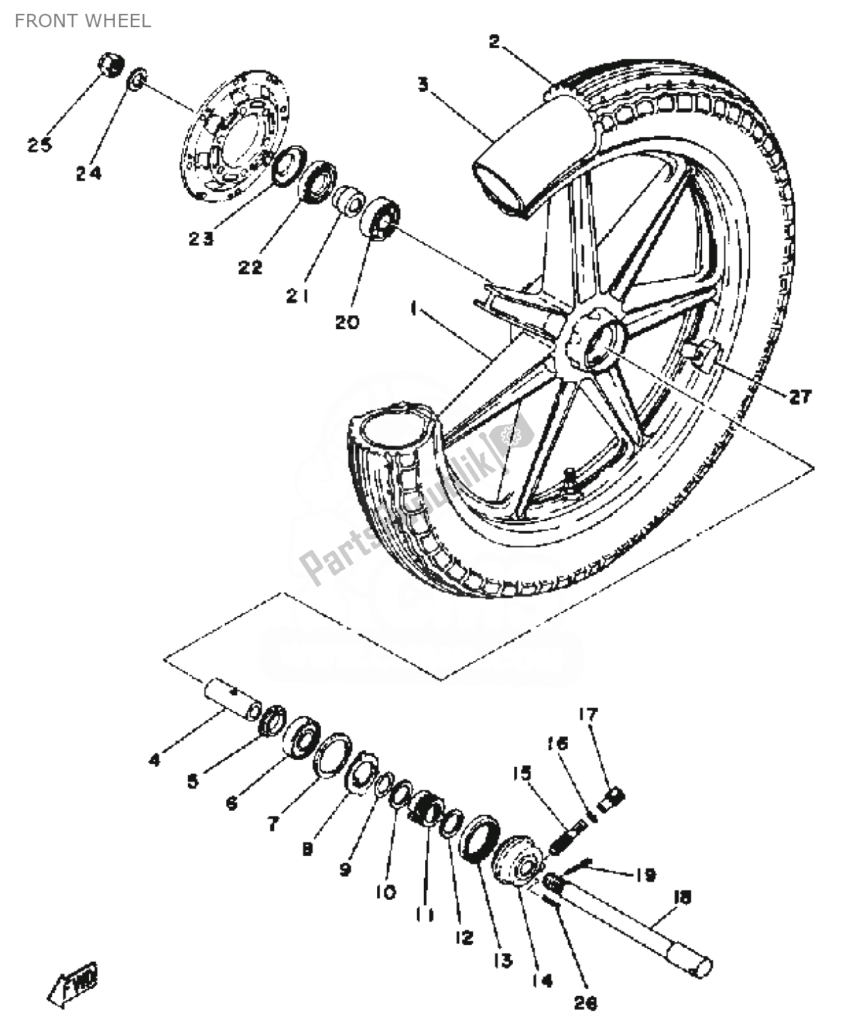 All parts for the Front Wheel of the Yamaha RD 400 1976