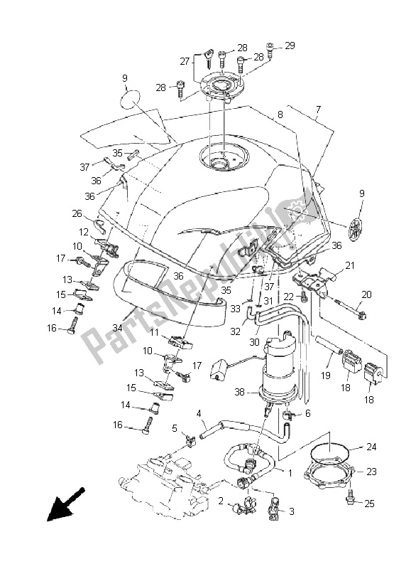 All parts for the Fuel Tank of the Yamaha TDM 900A 2005