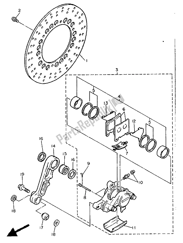 All parts for the Rear Brake Caliper of the Yamaha FZ 750R 1988