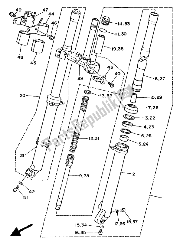 Alle onderdelen voor de Voorvork van de Yamaha TY 250S 1988