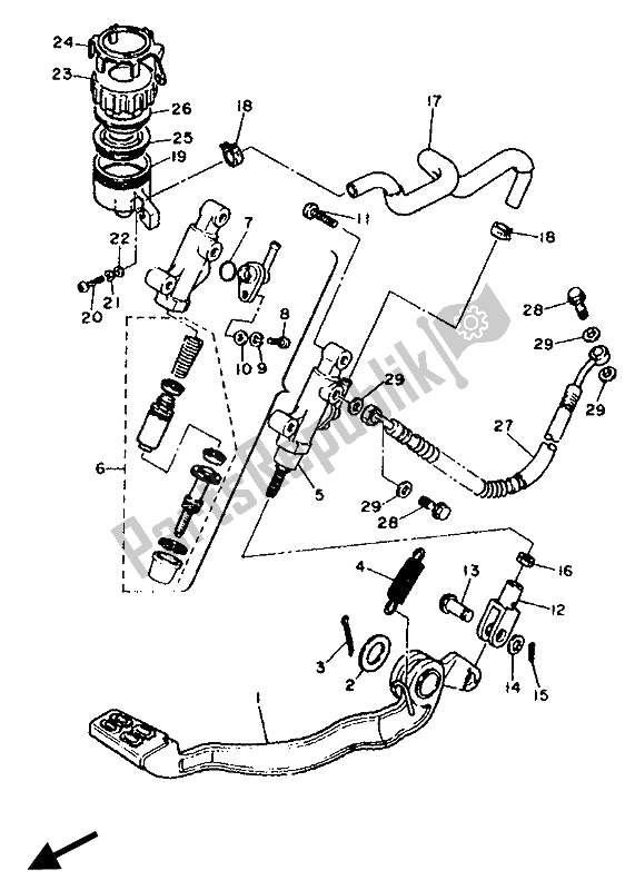 All parts for the Rear Master Cylinder of the Yamaha XT 600E 1990