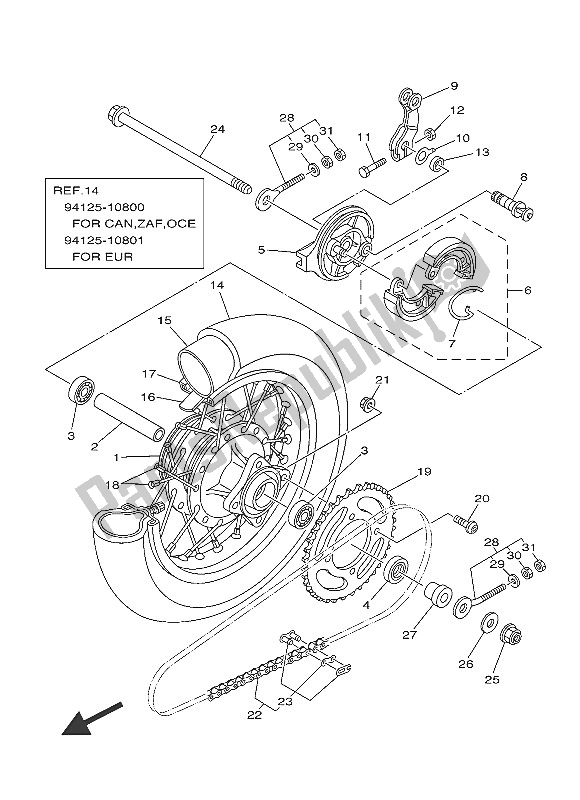 All parts for the Rear Wheel of the Yamaha TT R 50E 2016