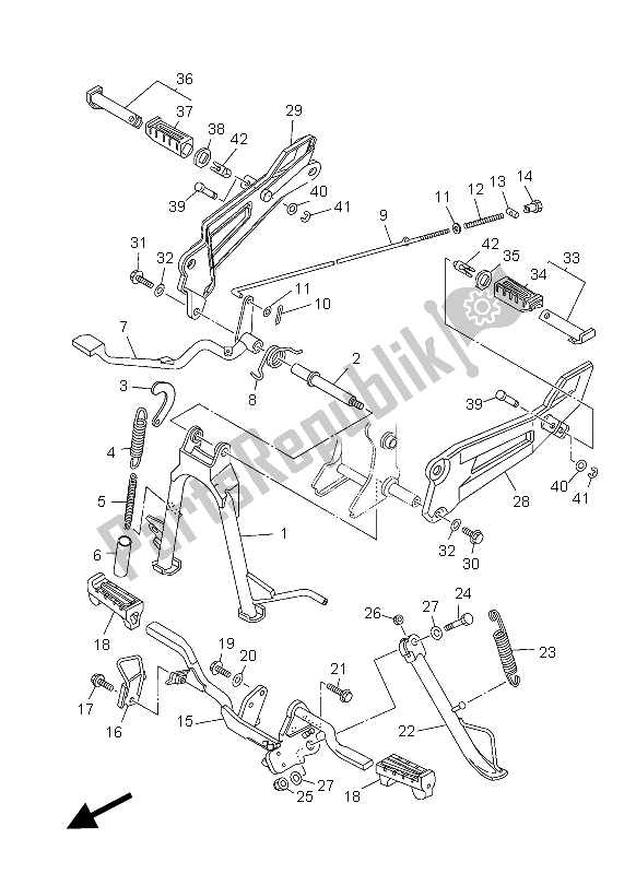 All parts for the Stand & Footrest of the Yamaha YBR 125 ED 2012