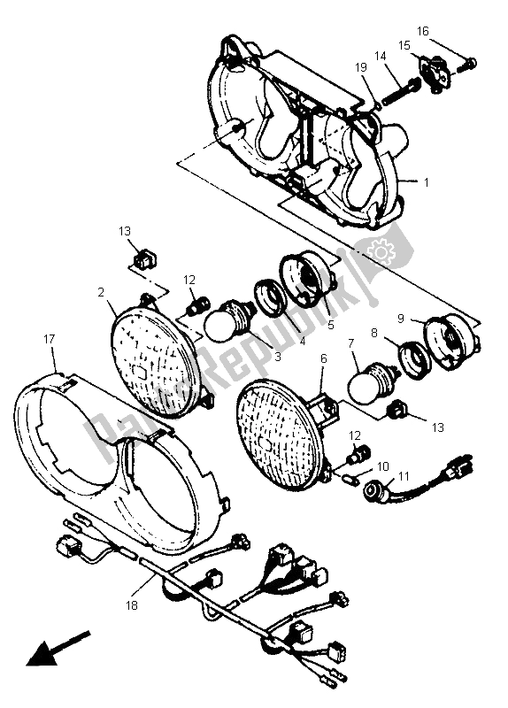 All parts for the Alternate Headlight (den,fin,nor) of the Yamaha XTZ 660 Tenere 1996