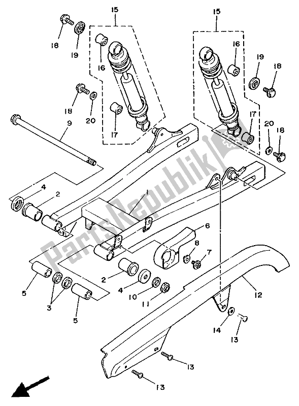 All parts for the Rear Arm of the Yamaha XV 250 Virago 1992