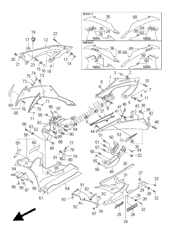 All parts for the Cowling 2 of the Yamaha YZF R6 600 2012