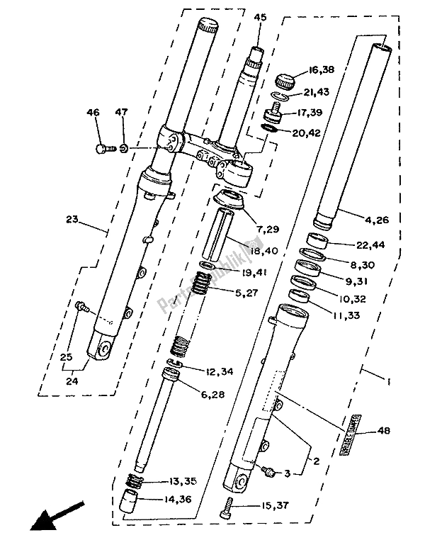 All parts for the Front Fork of the Yamaha RD 350 LCF 1988