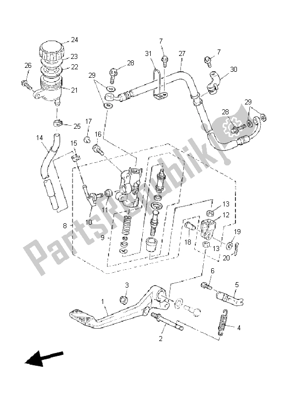 All parts for the Rear Master Cylinder of the Yamaha XJR 1300 2008