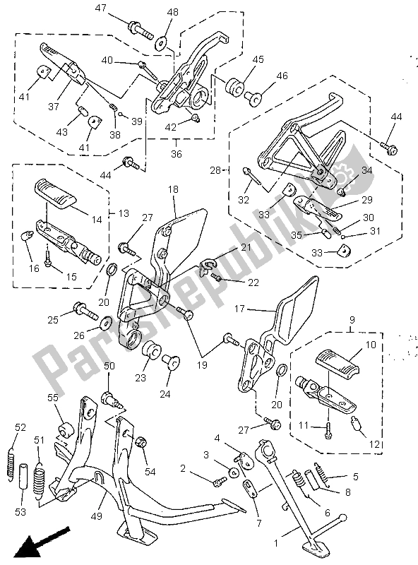 All parts for the Stand & Footrest of the Yamaha FZS 600 1998