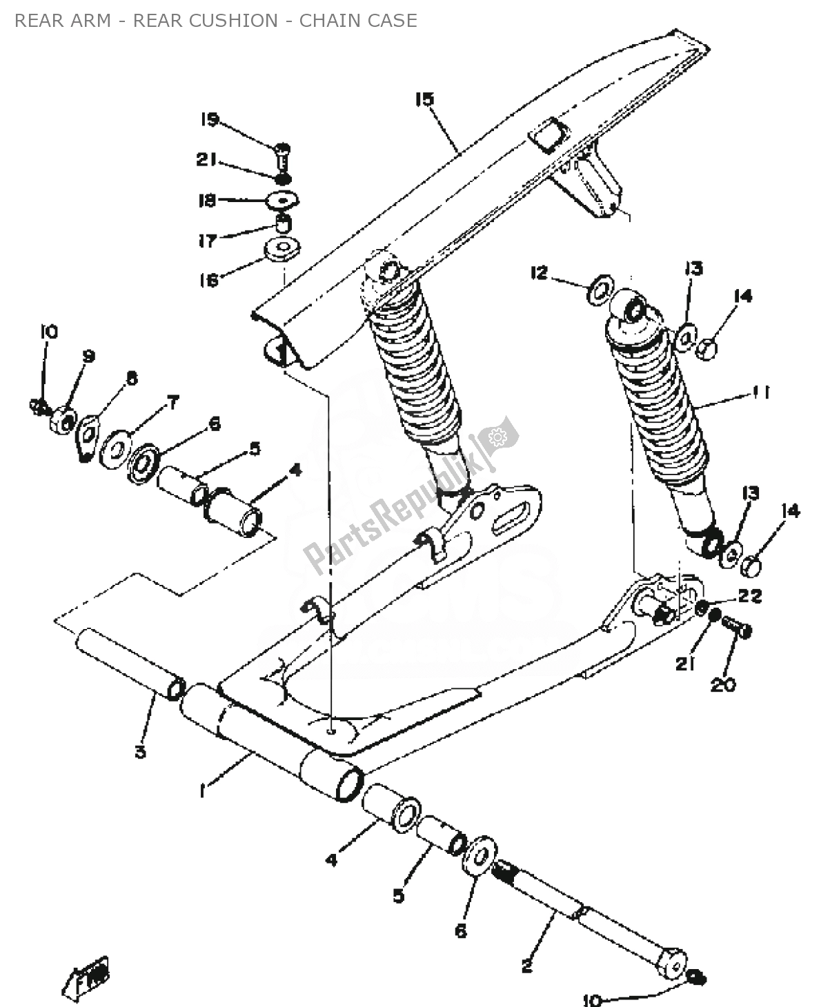 All parts for the Rear Arm - Rear Cushion - Chain Case of the Yamaha RD 400 1976