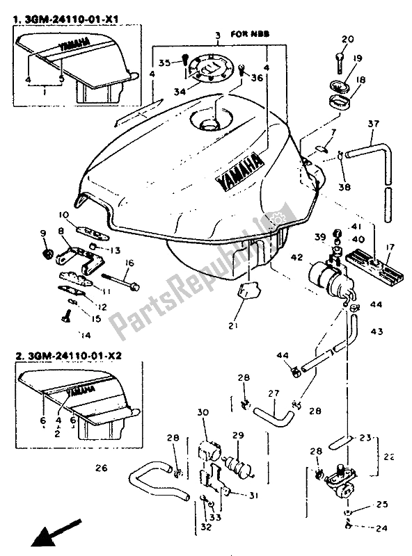 All parts for the Fuel Tank of the Yamaha FZR 1000 1991