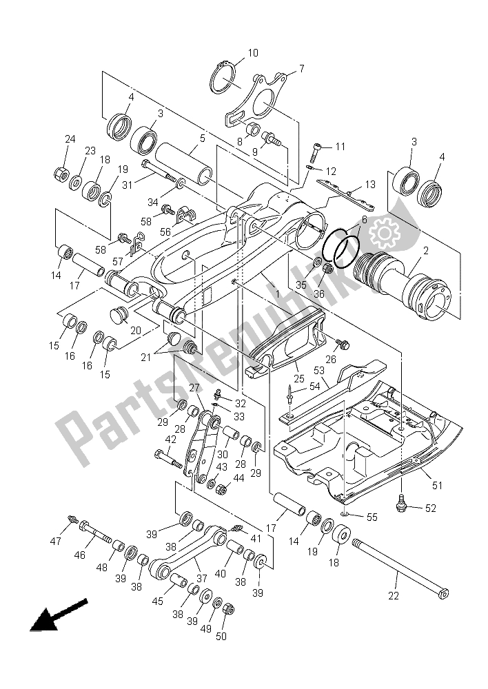 Alle onderdelen voor de Achterste Arm van de Yamaha YFM 700R Yamaha Black 2015