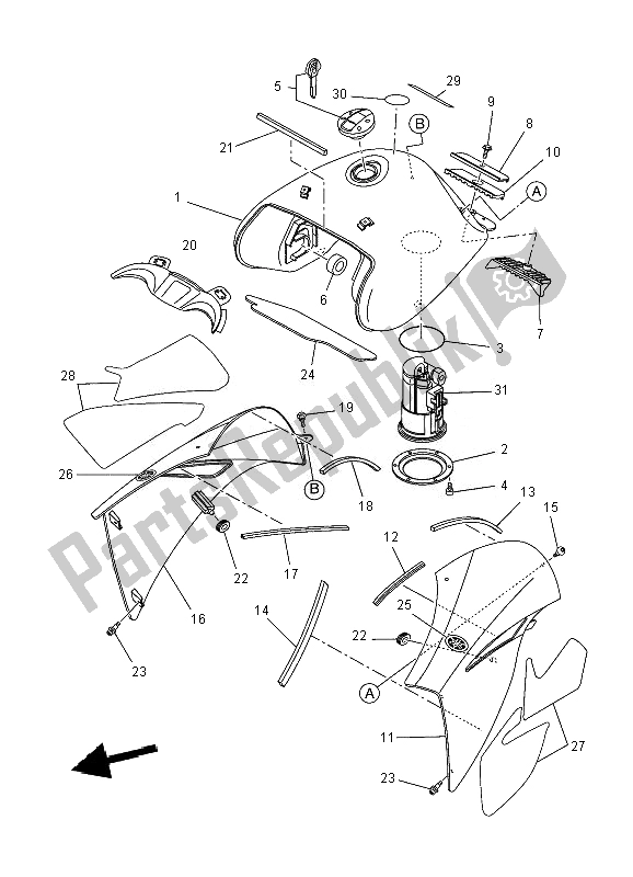 Alle onderdelen voor de Benzinetank van de Yamaha XT 660R 2010